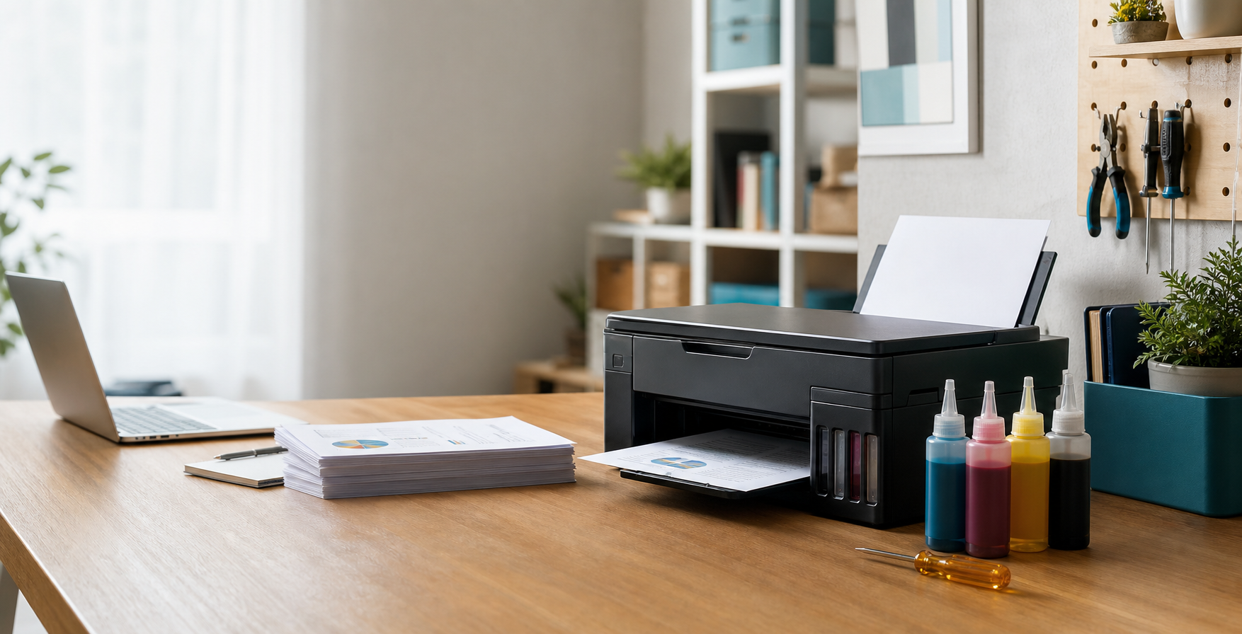 A modern home office printer with refillable ink bottles on a desk